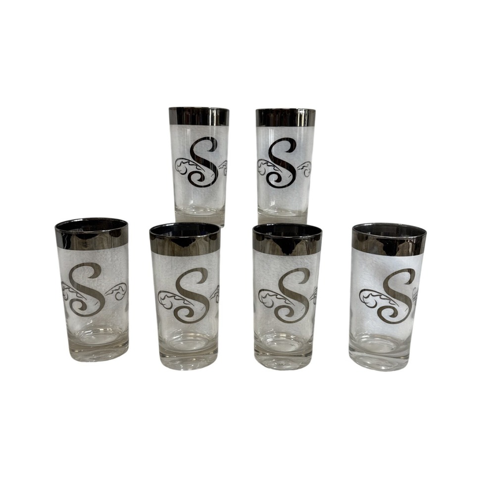 Set of‎ 6 Vintage Monogrammed S Highball Glasses Silver Rimmed Barware